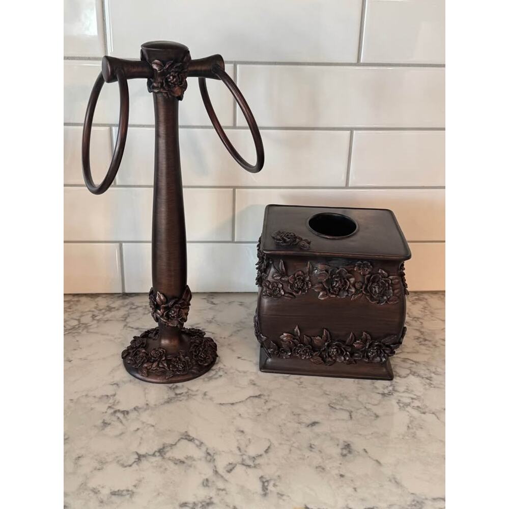 Vintage Bronze Floral Roses Bathroom Hand Towel Ring Stand Tissue Box Cover